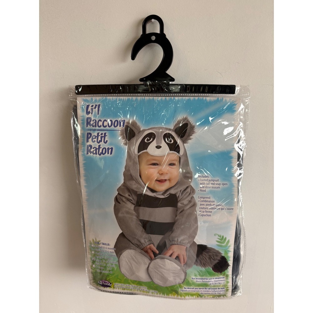 Fun World Lil Raccoon Toddler Costume Grey Black Jumpsuit Hood Large 12-24M